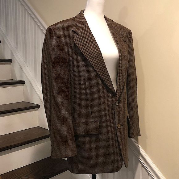SAKS FIFTH AVENUE Men’s Houndstooth Camel Hair Brown and Black Blazer Sz 44R - Picture 1 of 13
